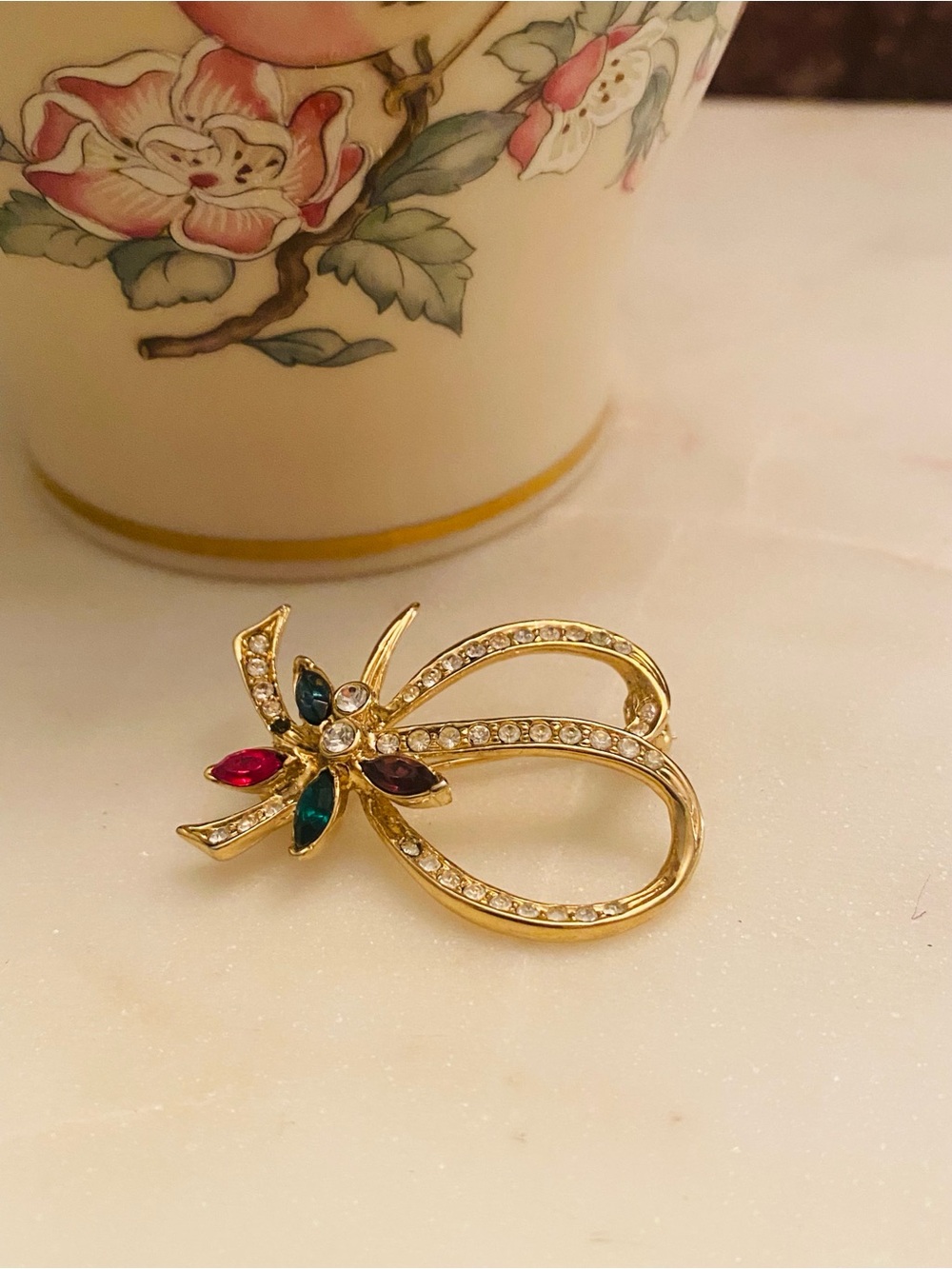 Gold-Tone Crystal Ribbon Brooch with Multi-Colored Gem Accents (Like New)